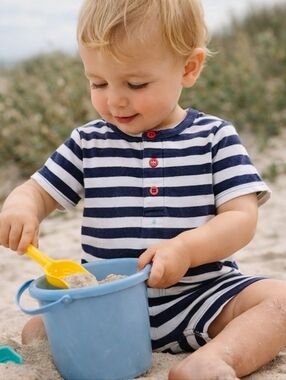 EGG New York Navy & White Striped Romper | 12-18M Snap Front Classic